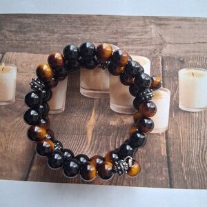 Double Strand Beaded Bracelet - Black & Tiger Eye Brown